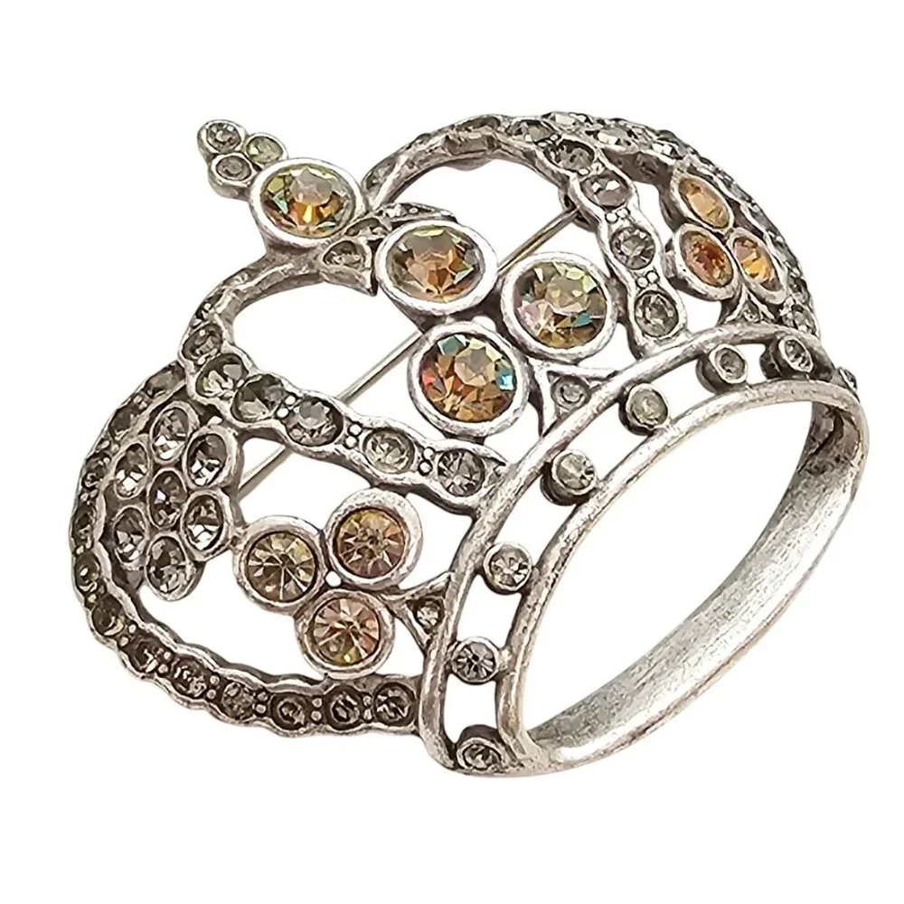Anne Klein Silver Tone Crown Brooch, Smoky Vitrail Rhinestone Pin Signed, J303